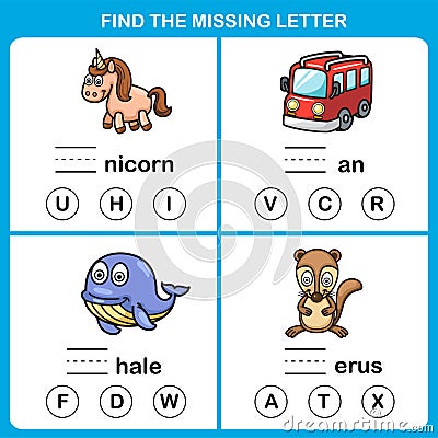 Find the missing letter.Education game for kids Vector Illustration