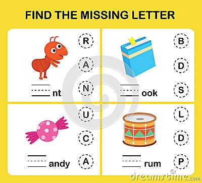 Find the missing letter.Education game for kids Vector Illustration