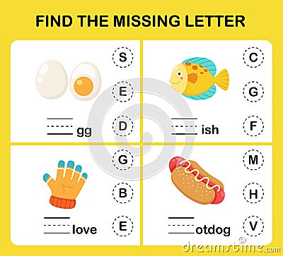 Find the missing letter.Education game for kids Vector Illustration