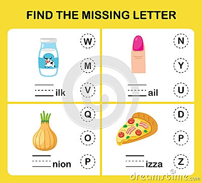 Find the missing letter.Education game for kids Vector Illustration