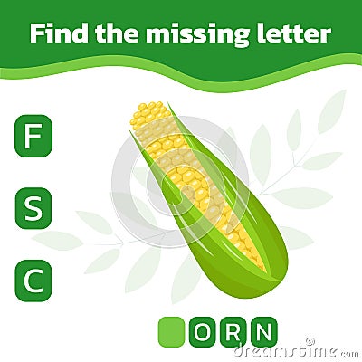 Find the missing letter. Educational spelling game for kids. Sweet cute corn. Practicing English alphabet Vector Illustration