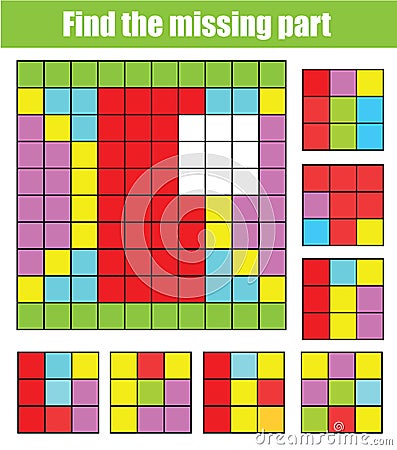 Find missing part and complete picture. Puzzle educational game for children and kids Vector Illustration