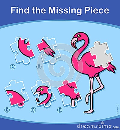 Find The Missing Piece Flamingo puzzle for kids Vector Illustration