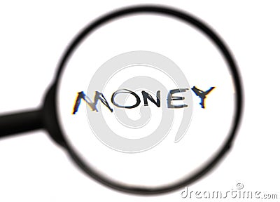 find the money concept, magnifying glass and handwriting word m Stock Photo