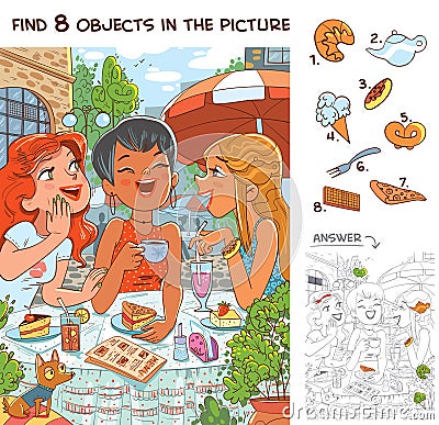 Find 8 objects in the picture. Cute girlfriends talking in a cafe Vector Illustration