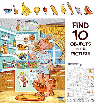 Find 10 objects in the picture. Girl eating a piece of cake Vector Illustration