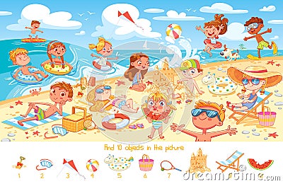 Find 10 objects in the picture. Group of kids having fun on beach Vector Illustration