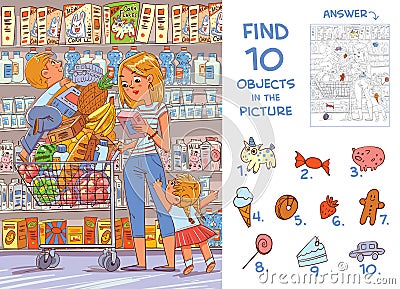 Find objects in the picture. Mother and two young children are shopping in a supermarket Vector Illustration