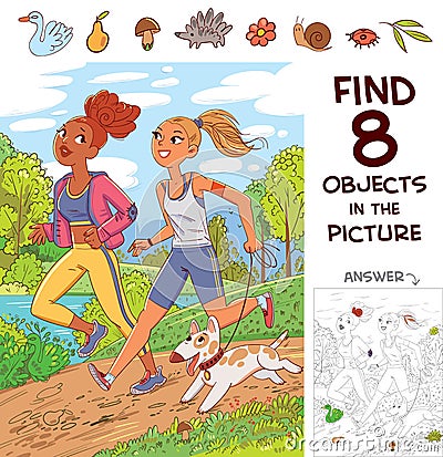 Find 8 objects in the picture. Two girls jogging with a dog Vector Illustration