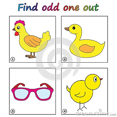 Find odd one out - game for kids. Worksheet. Vector Illustration