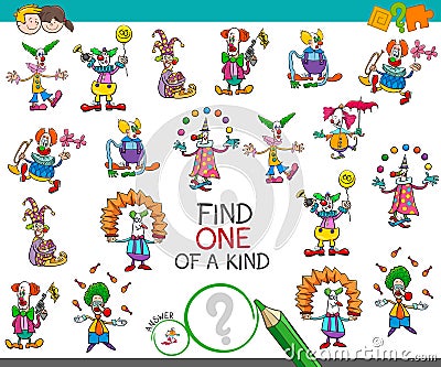 Find one of a kind game with clown characters Vector Illustration