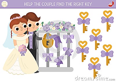 Find the right key for the lock. Wedding matching activity for children. Marriage ceremony education quiz worksheet for kids for Vector Illustration