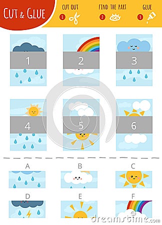 Find the right part. Cut and glue game for children. The sky and weather Vector Illustration