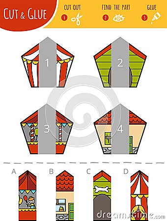 Find the right part. Cut and glue game for children. Pentagons Vector Illustration
