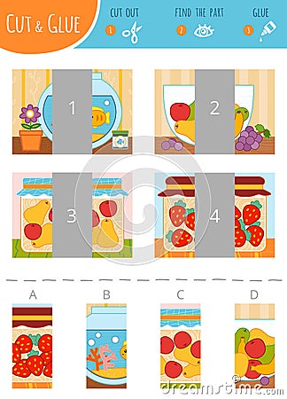 Find the right part. Ð¡ut and glue game for children. Vector Illustration