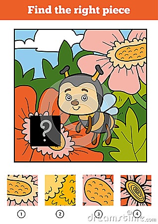 Find the right piece, game for children. Bee Vector Illustration