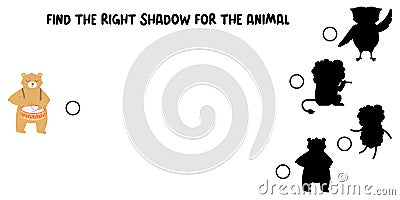Find the right shadow game. Bear with drum and other animals silhouettes. Vector Illustration