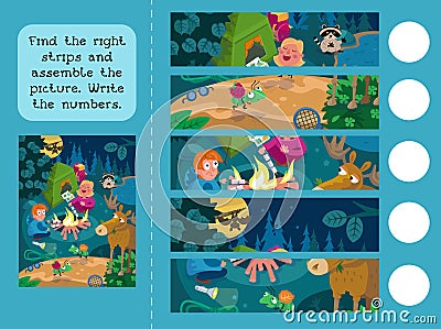 Find the right strips and assemble the picture. Write the numbers. Puzzle game for children. Animals in the forest. Cute Vector Illustration