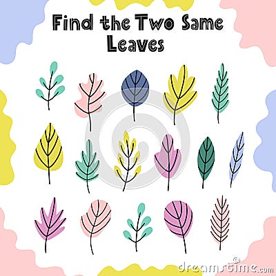 Find same leaves activity game for kids Vector Illustration