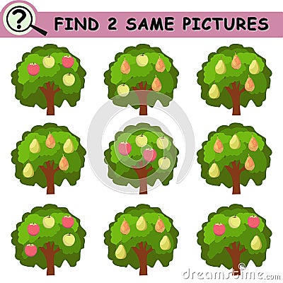 Find same pictures with cartoon tree, apples, pears. Vector Illustration