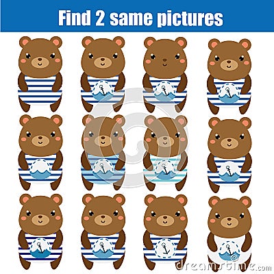 Find the same pictures children educational game. Animals theme Vector Illustration