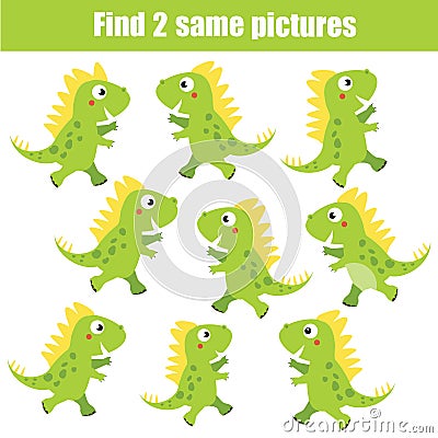 Find the same pictures children educational game. Animals theme, green dinosaurs Vector Illustration