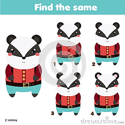 Find the same pictures children educational game. Find same badgers Vector Illustration
