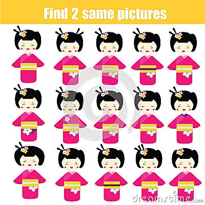 Find the same pictures children educational game. Find same kokeshi dolls Vector Illustration