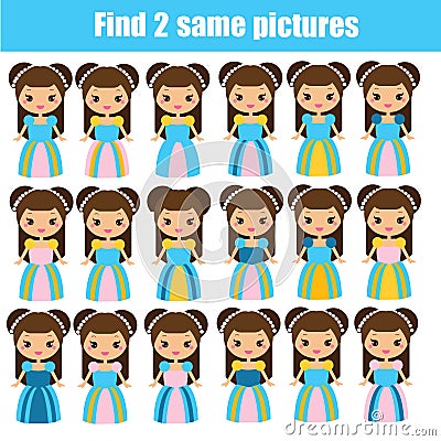 Find the same pictures children educational game. Find pairs of cute princess Vector Illustration