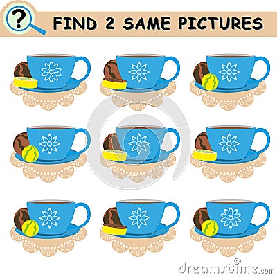 Find same pictures.Chocolate sweets, lemon sweets, tea cups. Vector Illustration