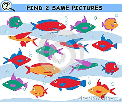 Find same pictures with colorful fish. Educational logical game for children. Vector Illustration