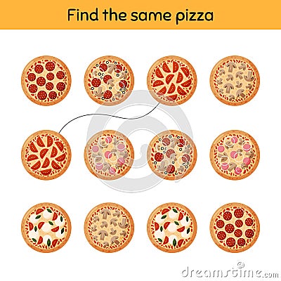 Find same pizza. Worksheet for kids kindergarten, preschool and school age Vector Illustration