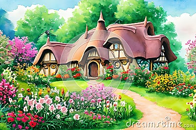 A Pathway to Serenity: A Springtime Stroll to a Charming Hobbit House in the Countryside with Generative AI Stock Photo