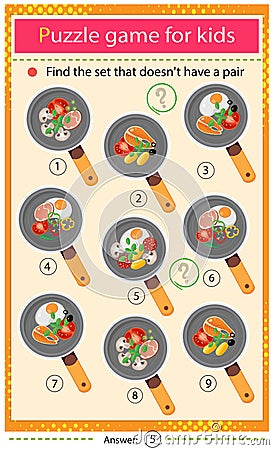 Find a set that does not have a pair. Puzzle for kids. Matching game, education game for children. Color image of frying pans and Vector Illustration
