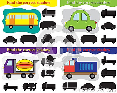 Find shadow of different transport, set of educational games for kids. Vector illustration Vector Illustration