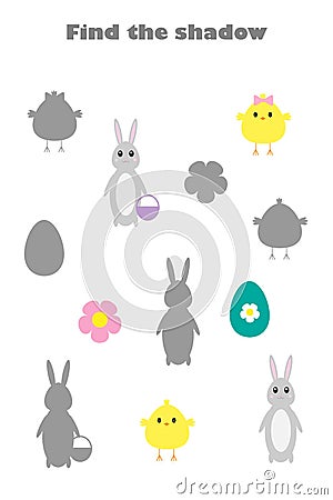 Find the shadow, easter game for children, chick, bunny, egg in cartoon style, education game for kids, preschool worksheet Stock Photo