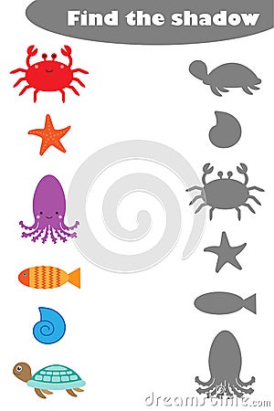 Find the shadow game with pictures of sea world underwater for children, education game for kids, preschool worksheet activity, Stock Photo