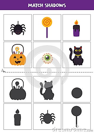 Find shadows of cute Halloween pictures. Cards for kids. Vector Illustration