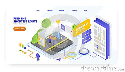 Find the shortest route on mobile, landing page design, website banner vector template. Road trip planning. Vector Illustration