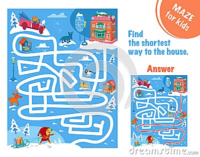 Find the shortest way to the house. Maze game for kids. Full color hand drawing vector illustration. Vector Illustration