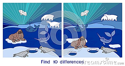 Find ten differences. Game for children with northern landscape with polar animals Stock Photo