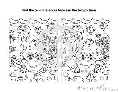 Find ten differences picture puzzle and coloring page, crab, sea life, black and white Vector Illustration