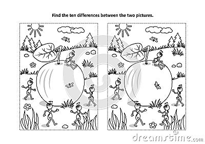 Find the differences visual puzzle and coloring page with apple and ants Vector Illustration