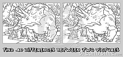 Find the ten differences between the two pictures and Coloring page. Funny cartoon Dinosaur. Puzzle for kids. Hand drawn image. Vector Illustration