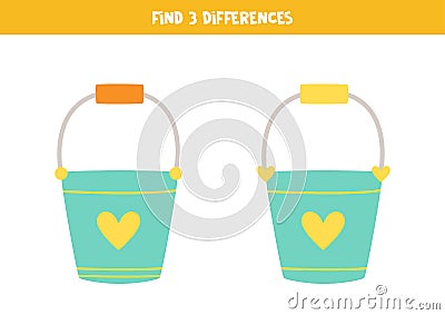 Find three differences between two cartoon buckets. Vector Illustration