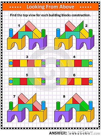 Find top view visual math puzzle with building blocks Vector Illustration