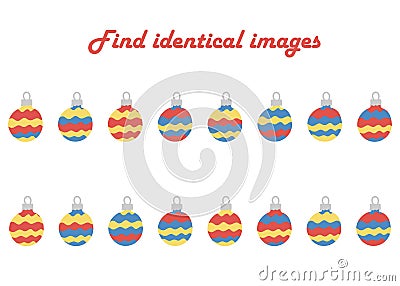 Find two identical Christmas decorations. Educational game for children. Set of simple Christmas toys . Hand drawn Preschool Cartoon Illustration