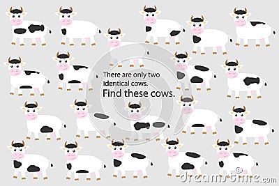 Find two identical cows, education puzzle game for children, preschool worksheet activity for kids, task for the development of Stock Photo