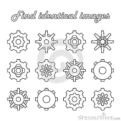 A game for children . Find identical images. Set with silhouettes of mechanical parts of gears for boys Vector Illustration