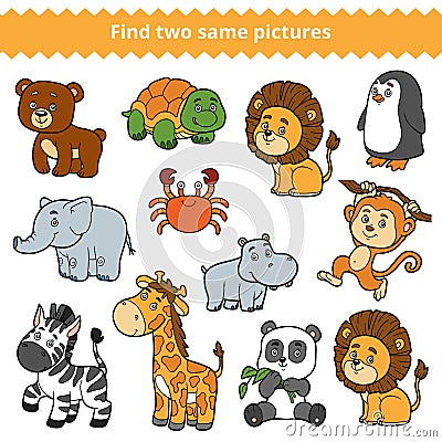 Find two identical pictures, education game, set of zoo animals Vector Illustration